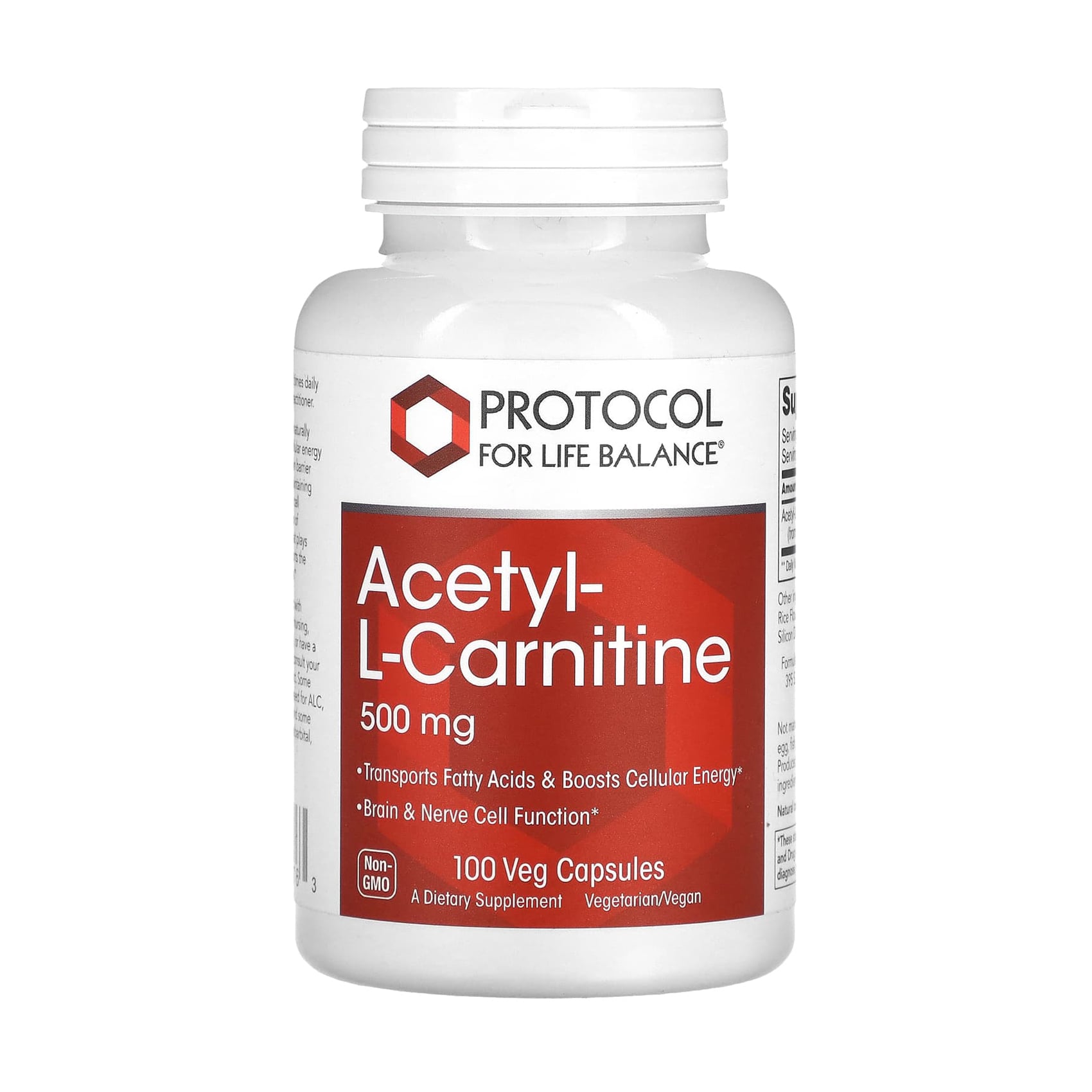 Ацетил-L-карнітин Protocol For Life Balance Acetyl-L-Carnitine, 500 мг, 100 вегатеріанських капсул